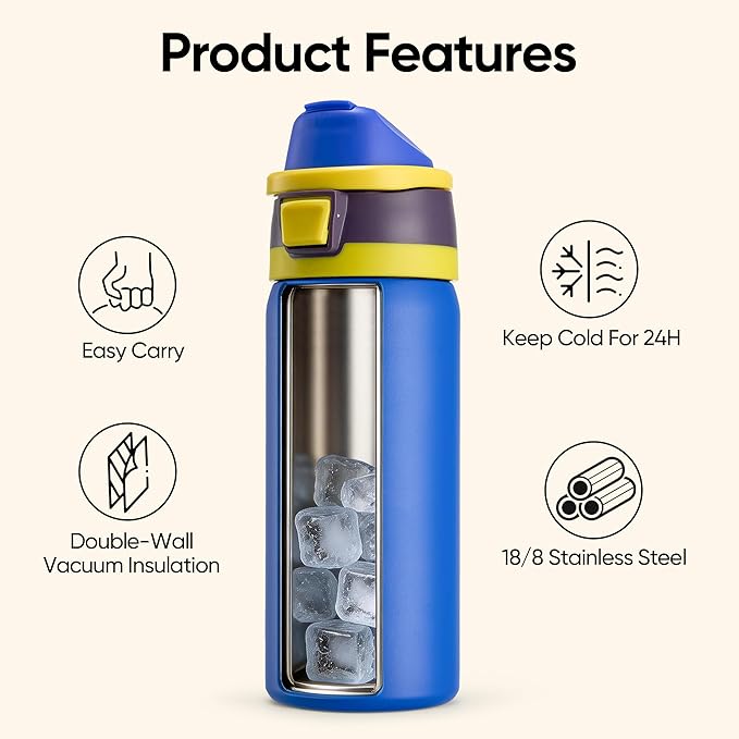 Fijinhom 24 oz Insulated Water Bottle with 2-in-1 Straw and Spout Lid, Stainless Steel Double Wall Vacuum Flask, Sports Water Bottle Keeps Cold 24H, Leak Proof for Gym, Outdoor, Travel (Blue)