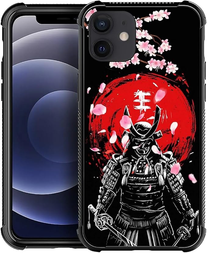 for iPhone 12/12 Pro Case, Sakura Japanese Samurai Pattern Graphic Design Girl Boy Soft Silicone Hard Acrylic Shock Protection for iPhone 12/12 Pro