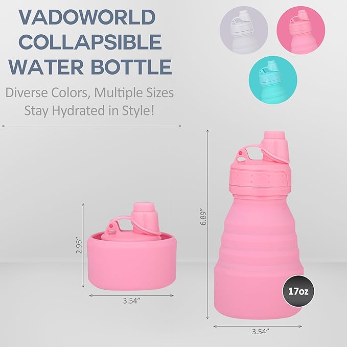 Collapsible Water Bottles 17oz, Odorless BPA-Free Silicone, Leak-Proof Foldable Reusable Bottle - Perfect for Travel Sports Gym Hiking Camping Cycling - Water Pink