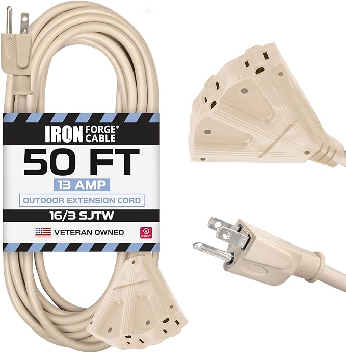 Iron Forge Cable Weatherproof 50 Ft Outdoor Extension Cord - 3 Outlet 16/3 SJTW Heavy Duty Light Brown Extension Cord 3 Prong - 13 Amp Power Cable