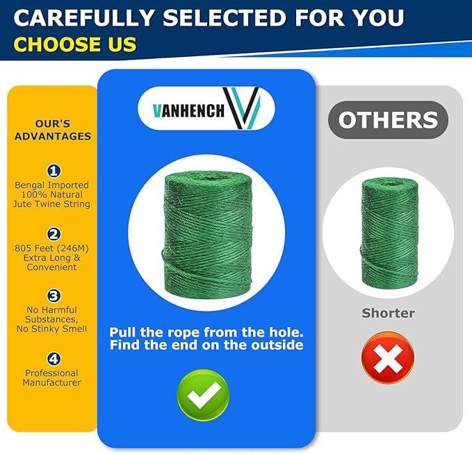 Vanhench 805ft Garden Twine for Gardening Climbing Plants Ties, Strong Natural Tomato String Outdoor Floristry Hanging Planter Basket, Christmas Arts & Crafts, Greenhouse Accessories Supplies (Green)
