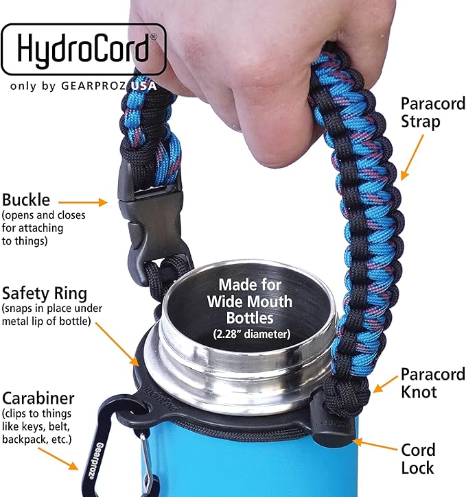 Gearproz HydroCord 1.0 Handle for Hydro Flask Wide Mouth Water Bottles, Hydroflask 1.0, Iron Flask, Thermoflask and Takeya Reusable Water Bottles, Paracord Survival Strap