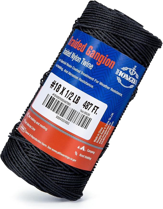 HONGDA Braided Black Nylon String, #18 Tarred Bank Line Twine, 487 Feet Black Tarred String 1.5mm for Gardening, Construction, Gear Tying, Jungle Survival