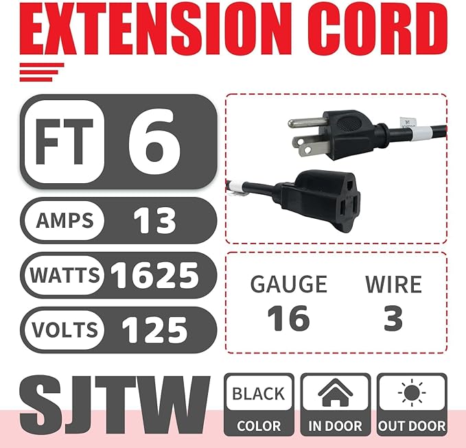 EP 6FT Black Outdoor Extension Cord, 16/3 SJTW Heavy Duty Waterproof, 3 Prong Grounded Plug, 13A 1625W 16AWG, Cold-Resistant Flexible Power Cable for Garden, Home, Christmas Lights