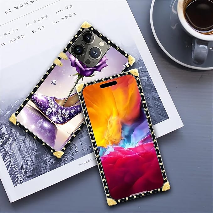 Compatible with iPhone 15 Pro Max Case, High Heeled Purple Diamond Rose Luxury Golden Decoration for Girl Women Soft TPU Shockproof Protective Hard PC Back for iPhone 15 Pro Max