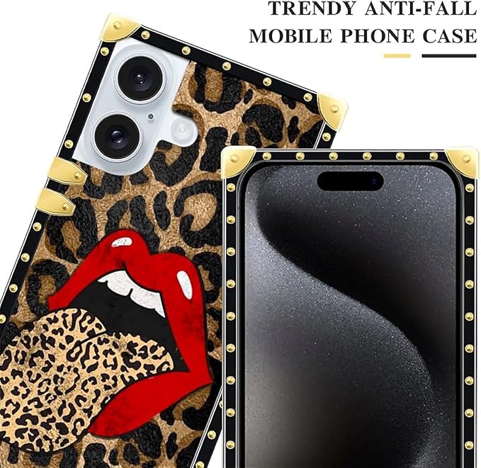 Compatible with iPhone 16 Plus Case, Brown Leopard Print Mouth Luxury Golden Decoration for Girl Women Soft TPU Shockproof Protective Hard PC Back for iPhone 16 Plus