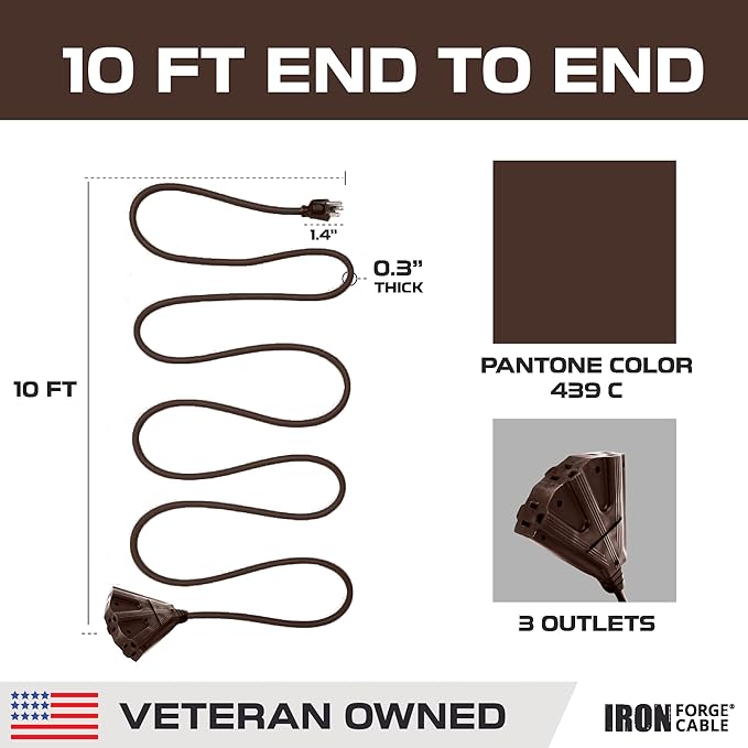 Iron Forge Cable 10ft Brown Outdoor Extension Cord with 3 Outlets - 16/3 SJTW 10ft Extension Cord 3 Prong, 13 Amp All-Weather Heavy Duty Power Cable