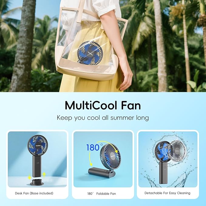 HandFan Upgraded 10,000 mAh Quiet Handheld Fan - 4.5 Inch Large Hand Held Fans Reahargeable, 180° Foldable Portable Fan [30 Working Hours] with Lanyard, Base for Disney/Travel/Concerts/Beach/Office