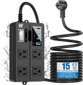 15FT Outdoor Waterproof Power Strip Surge Protector with 4AC Outlets 4USB Ports Power Switch Safety Lock, ETL Certified for Patio Garden Charging