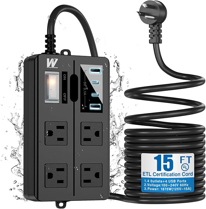 15FT Outdoor Waterproof Power Strip Surge Protector with 4AC Outlets 4USB Ports Power Switch Safety Lock, ETL Certified for Patio Garden Charging