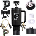 6pcs Black Stanley Cup Accessories Set, Bow Straw Topper for Stanley Cup 30oz 40oz, Including Straw Topper and Bow Silicone Boot, Stoppers Spill Proof, Handle Charm, Initials Sticker