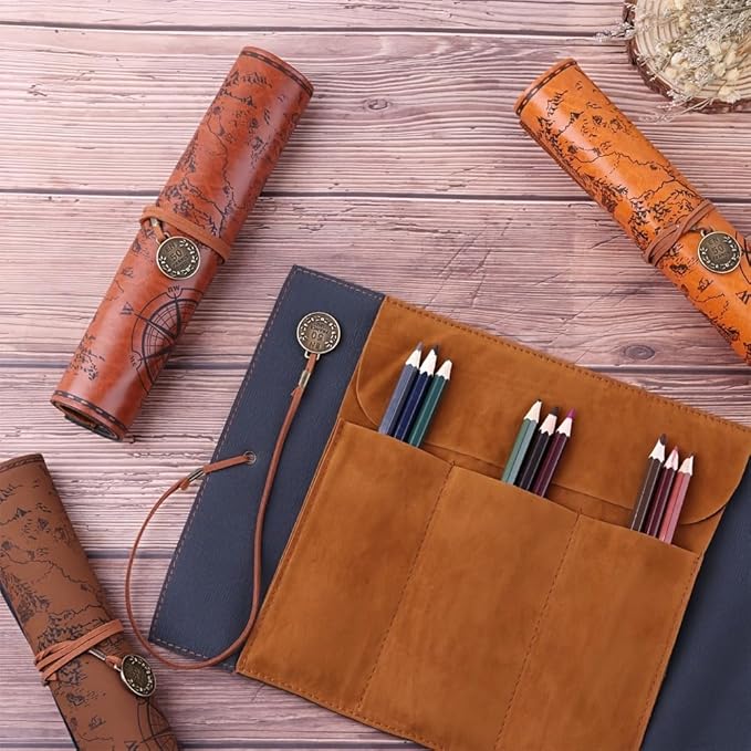 4 Color Leather Pen Case Vintage Pencil Bag Roll Map Compass Pattern Rolling Brown Matte Smooth Cover Storage Organizer Holder Portable Stationery Pouch for Artists Writers Travel