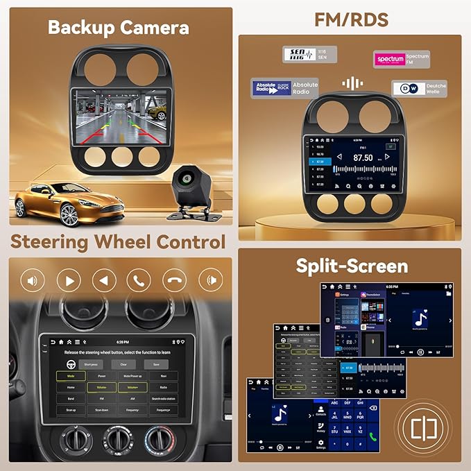 [4+128G] Hikity Android 15 Car Stereo for Jeep Compass Patriot 2010-2016 Wireless Carplay Android Auto, 10'' in-Cell Touchscreen Radio 5G WiFi Bluetooth 5.0 Mirror Link GPS SWC FM/RDS/EQ Backup Cam