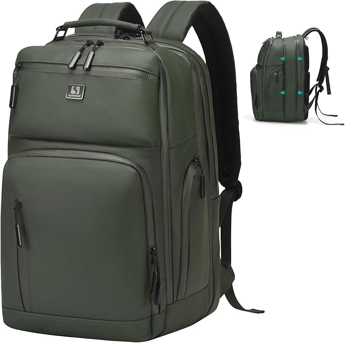 Expandable Business Backpack with 17" Laptop Compartment - Waterproof, Airline Approved, 33L-42L Capacity, for Work & Travel, Green