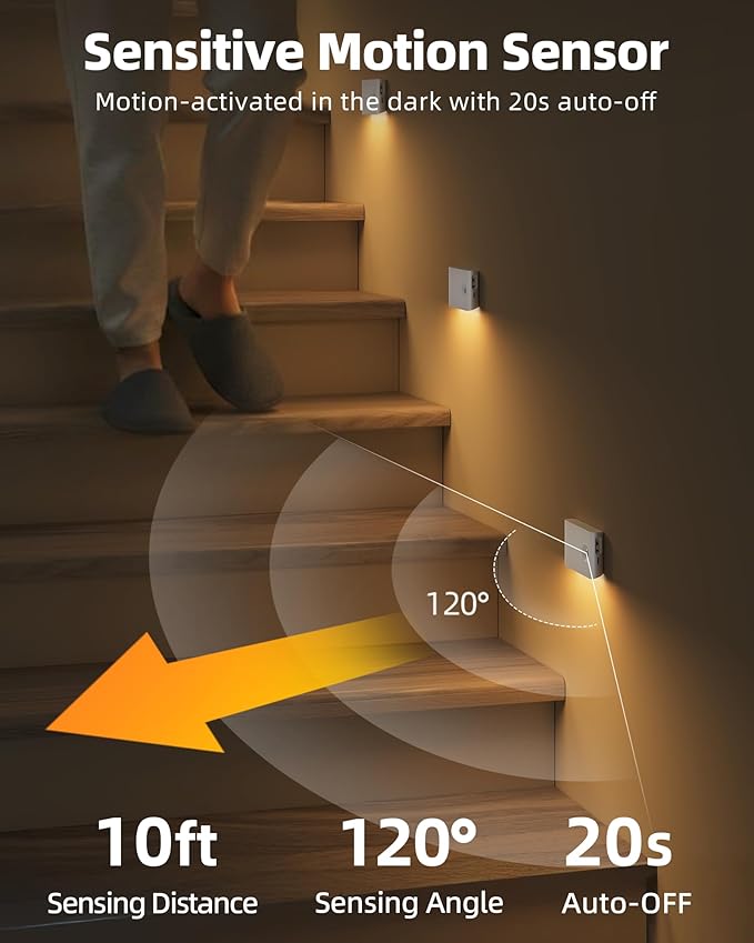 EZVALO Motion Sensor Stair Lights Indoor, Rechargeable Night Lights with Magnetic & Dimmable, Auto On/Off 3000K Soft White, Stick-On for Stairs, Hallway, Bathroom (4 Pack with Charging Station)