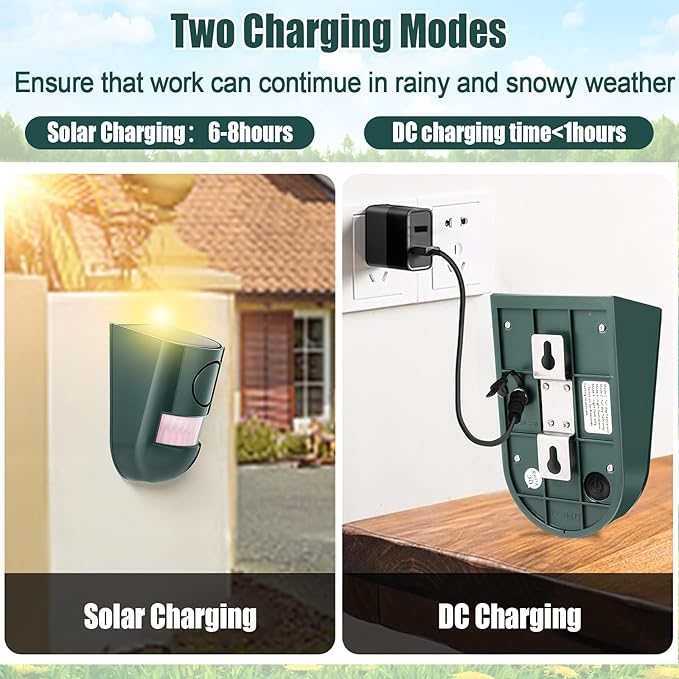 Qualirey Solar Sound and Light Alarm Motion Sensor 129db Outdoor Security Siren Waterproof Activated Detector Driveway Alarm 6 LEDs Flash Warning Deterrent Strobe System for Home, Farm(Green,2 Pack)