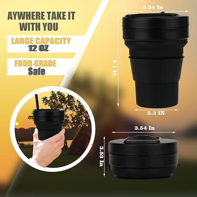 12 Oz Silicone Collapsible Travel Cup with Bag,Portable Silicone Water Bottle for Hot and Cold Beverages, Reusable Folding Drinking Cup with Lids 350ml for Outdoor Camp Hiking Travel with Straw -Black