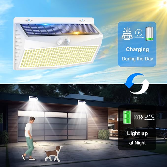 2 Pack 368 LED Solar Motion Sensor Lights Outdoor, Solar Fence Lights with 3 Lighting Modes, Solar Powered Security Lights Waterproof for Outside Yard Wall Garden Backyard Step Garage, White