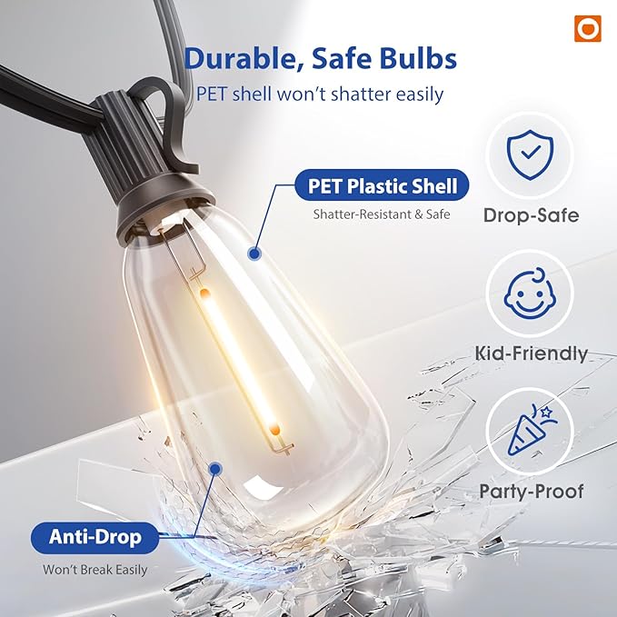 addlon 100FT LED Outdoor String Lights with APP Control Waterproof Patio Lights with Shatterproof ST38 Bulbs, Dimmable Outside Hanging Light Connectable for Porch, Backyard, Bristo, Garden
