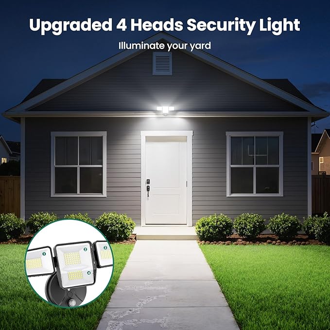 70W Dusk to Dawn Flood Lights Outdoor Lighting, 7000LM Dusk Till Dawn Floodlight, 4 Heads LED Security Light with Photocell, IP65 Waterproof, 6500K Daylight for Yard Garage Porch 2 Pack Black