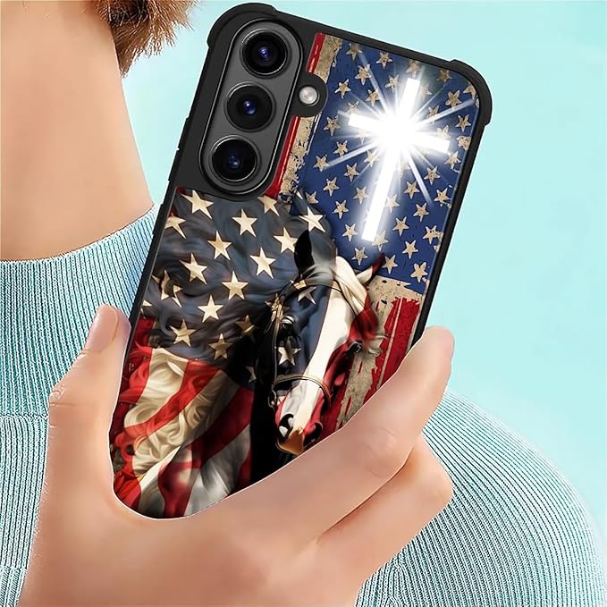 for Samsung Galaxy S26 Case,Graphic Design for Girl Boy Soft Silicone Hard Acrylic Shock Protection Designed for Samsung Galaxy S26 Red American Flag Horse Cross Pattern