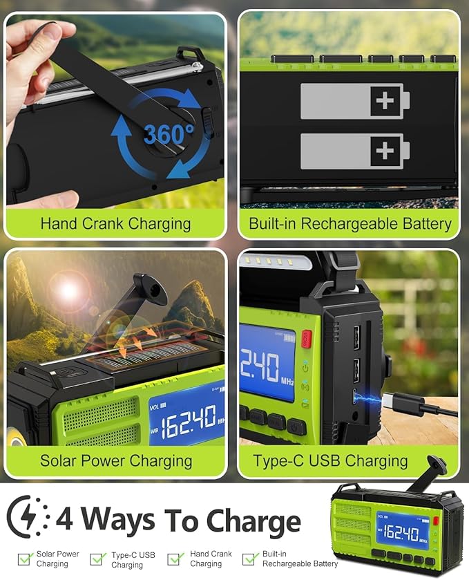 10000mAh/37000mWh Hand Crank Emergency Radio, AM FM NOAA Weather Alert Radio, Portable, Solar, 4 Charging Methods, 3-Mode Flashlight, Reading Lamp, SOS Alarm, Phone Charger for Winter Storm Emergency