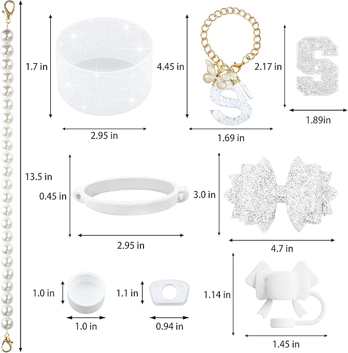 9PCS White for Stanley Cup Accessories Set Bling Initials Bow Charms for Stanley Decorations 30/40 Oz Tumbler Accessories Including Bow Straw Topper, Handle Strap, Spill Stopper（Letter S）