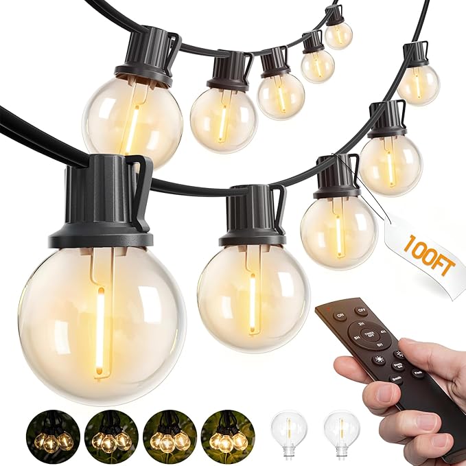 addlon 100FT Outdoor String Lights G40 with Remote Control, Dimmable Patio Globe LED Lights Waterproof Shatterproof, Hanging Outside Lighting for Backyard, Garden, Deck, Balcony, Porch, Café, Bristo