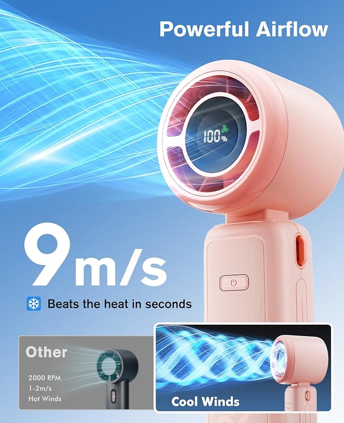 WHATOOK Portable Personal Handheld Fan: High Speed Cooling Fan, 12 Hours Battery Life, USB Rechargeable, Small Essentials for Women Cruise Travel, Beach Vacation (Pink)