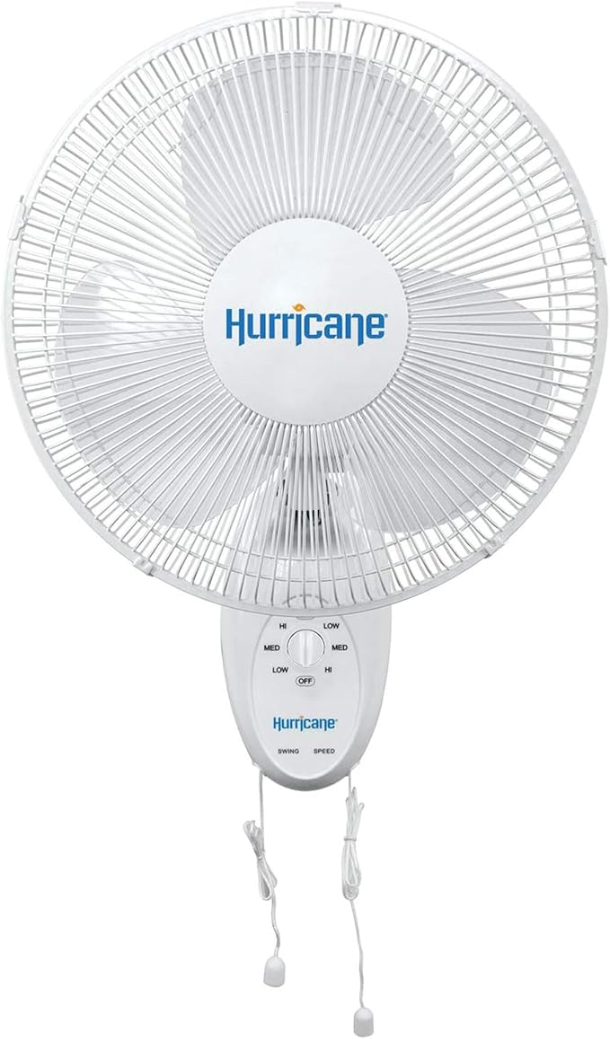 Hurricane 16" Supreme Oscillating Wall Mount Fan w/ 3 Quiet Speeds, White - Corded Electric Air Cooling Unit w/ Easy Pull Cord Controls for Homes, Greenhouses, Garages, Workshops & Gyms