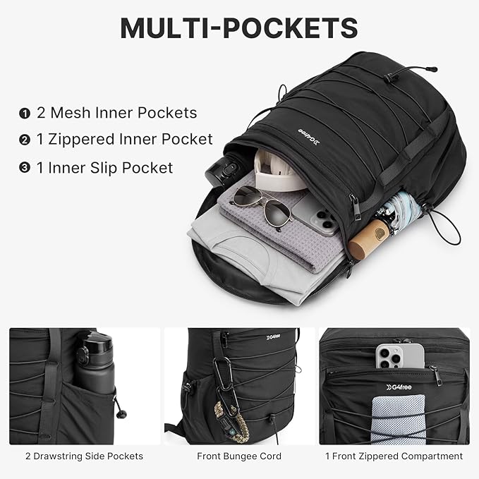G4Free Hiking Backpack for Women Men 20L Lightweight Travel Backpacks Daypack Outdoor Daily Camping, Black