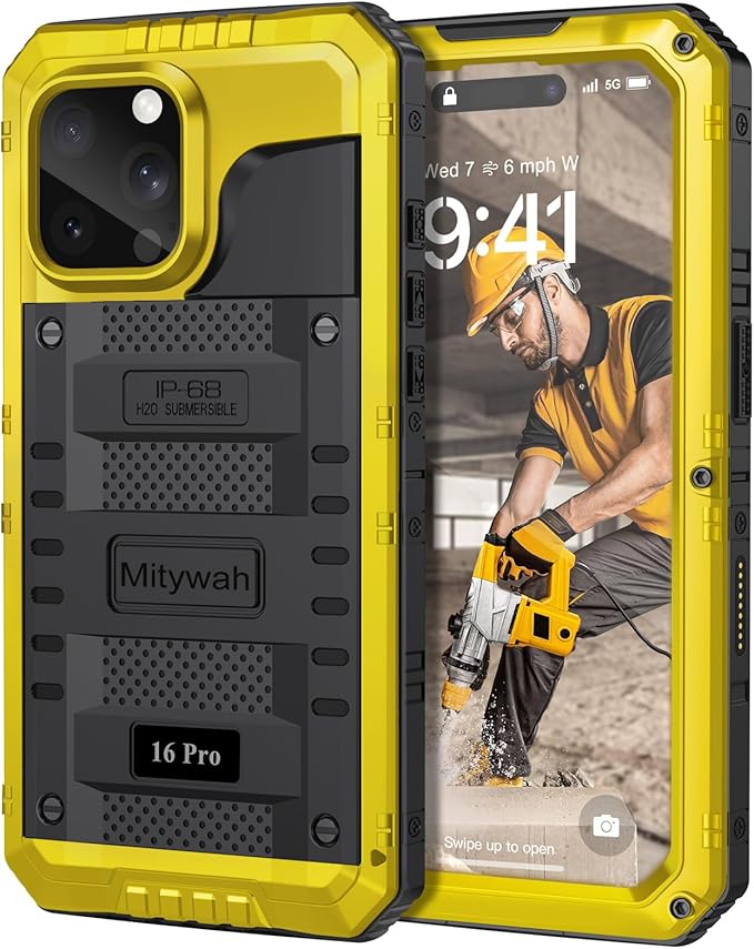 Mitywah Waterproof Case for iPhone 16 Pro, Shockproof Heavy Duty Case with Built-in Screen Protector, Underwater Full Body Protective Metal Case 6.3 inch, Yellow