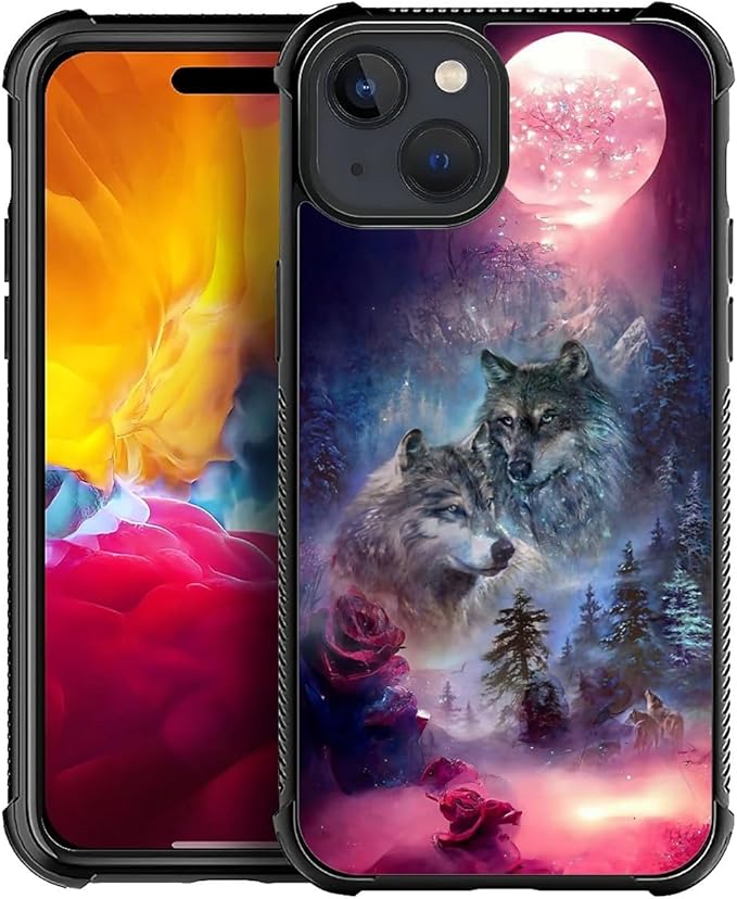 for iPhone 15 Plus Case, Star Two Wolfs Howling Pattern Graphic Design Girl Boy Soft Silicone Hard Acrylic Shock Protection for iPhone 15 Plus