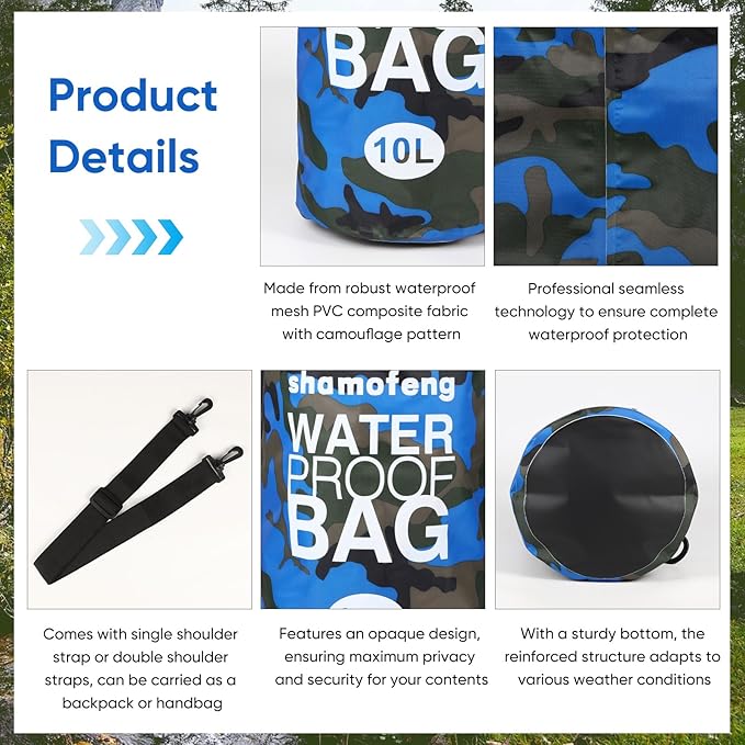 Waterproof Dry Bag 5L/10L/15L/20L/30L Roll Top Dry Storage Backpack with Phone Case, Collapsible Water Bottle, Sunglasses, Ear Band for Kayaking Boating Swimming Fishing Camping,Blue 30L