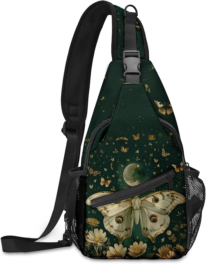 FyLybois Moth Sling Bag for Women Lightweight Crossbody Backpack Casual Daypack with Adjustable Strap for Travel Work Hiking Everyday Use