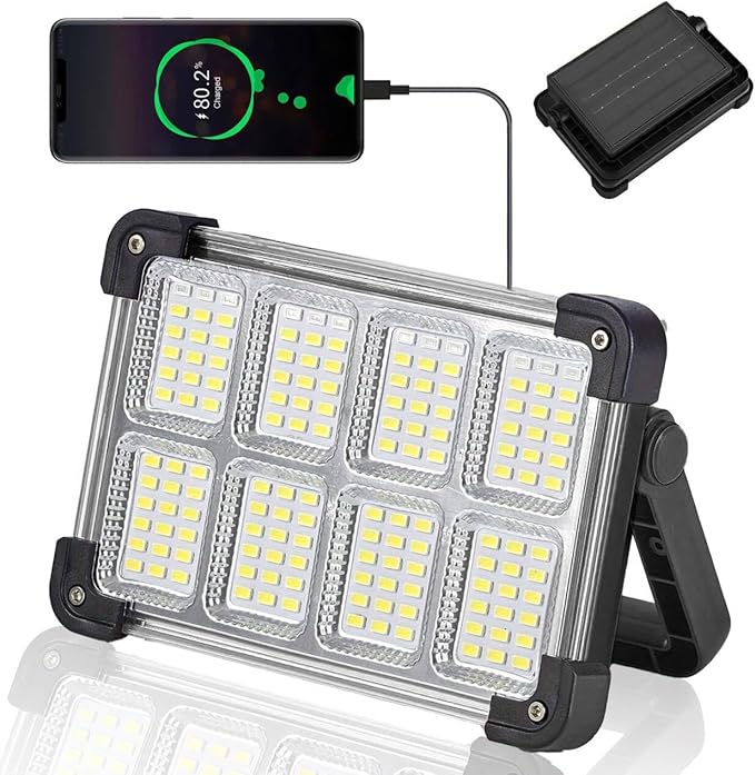 120W Solar Rechargeable Work Light, 144 LED Portable Flood Light with Stand, IP66 Waterproof 4 Modes LED Job Site Lighting Flashlights for Mechanic Camping Fishing Car Repair(Black 1 Pack)