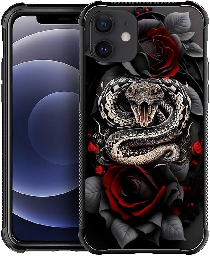 for iPhone 12 Mini Case, Entwined Rose Snake Pattern Graphic Design Girl Boy Soft Silicone Hard Acrylic Shock Protection for iPhone 12 Mini