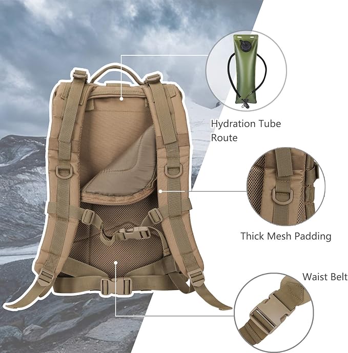 Hannibal Tactical MOLLE Assault Pack, Tactical Backpack Military Army Camping Rucksack, 3-Day Pack Trip w/USA Flag Patch, D-Rings, Coyote