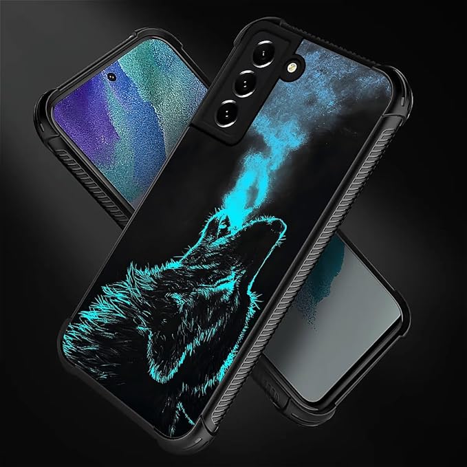 for Samsung Galaxy S21 Case, Blue Breathing Wolf Pattern Graphic Design Girl Boy Soft Silicone Hard Acrylic Shock Protection for Samsung Galaxy S21