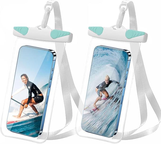 IPX8 Waterproof Phone Pouch for 16/15/14/13/12 Pro Max & Galaxy S24/S23 Samsung's Waterproof Phone case with lanyard ,Cellphone Dry Bag Beach Essentials-2 bag 7.5 inches (White green)