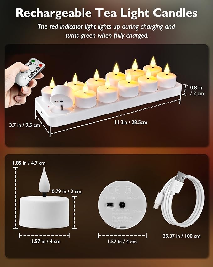 Homemory Rechargeable Tea Lights Flameless Candles with Remote Timer, Battery Operated LED Tealight Candles, USB Candles for Wedding Table Centerpiece Reception Banquet Christmas Halloween, 12-Pack