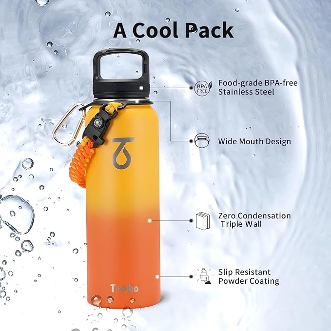 Trebo 40oz Water Bottle with 3 Lid and handle, Vacuum Insulated Stainless Steel Metal Outdoor Leakproof BPA-Free Flask, Keep Cold 48 Hours Water Jug, Best Gift for Men Women Holiday, Orange
