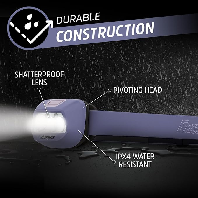 Energizer HDL30 Purple Multi-Colored LED Headlamp, 400 Lumen, IPX4 Water Resistant, Adjustable Headlamp with Red and Green LED Mode, Great Hands-Free Light, Batteries Include