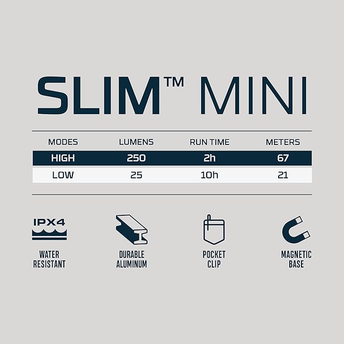 NEBO SLIM Mini Rechargeable Pocket Light | 250 Lumens, 2 Light Modes, Small Flashlight for EDC & Emergencies, Magnetic Base, Lightweight, Water Resistant & Durable, Includes Charging Cable