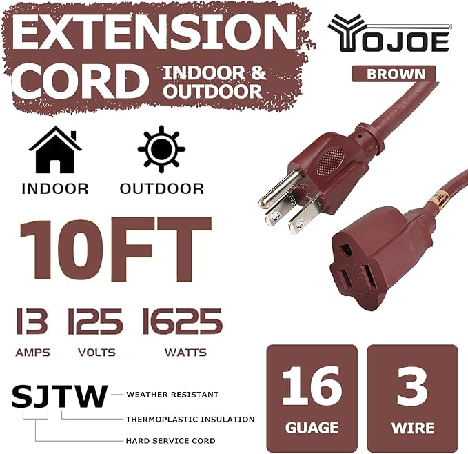 YOJOE Indoor Outdoor Extension Cord, 3 Prong 13A Weatherproof Power Cord, 16 Gauge Heavy Duty 10 ft Brown Extension Cord for Garage, Garden and Home, 16/3 SJTW UL Listed
