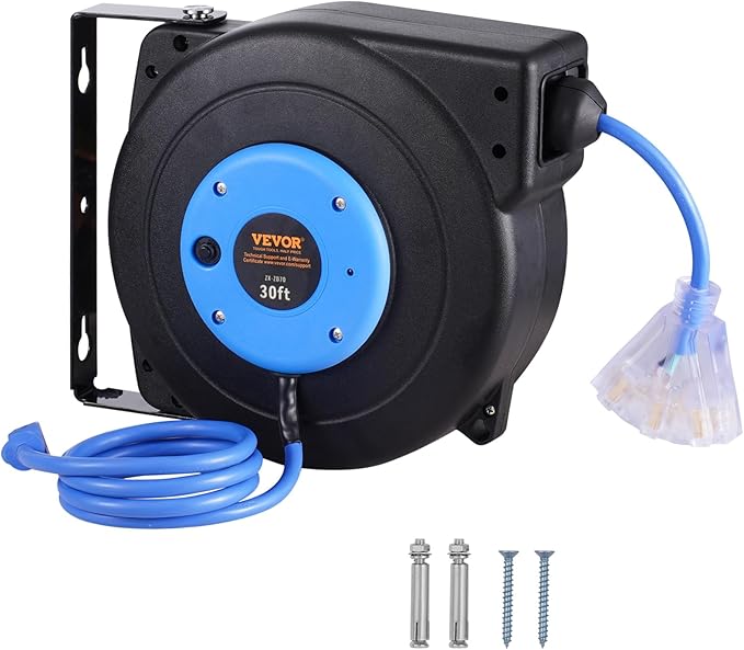VEVOR Retractable Extension Cord Reel, 30 FT, Heavy Duty 16AWG/3C SJTOW Retractable Power Cord Reel with Lighted Triple Tap Outlet 10 Amp Circuit Breaker, for Ceiling or Wall Mount, Blue