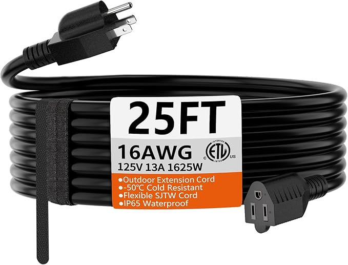 HUANCHAIN 25 FT 16 Gauge Black Indoor Outdoor Extension Cord Waterproof, Flexible Cold Weather 3 Prong Electric Cord Outside, 13A 1625W 125V 16AWG SJTW, ETL Listed