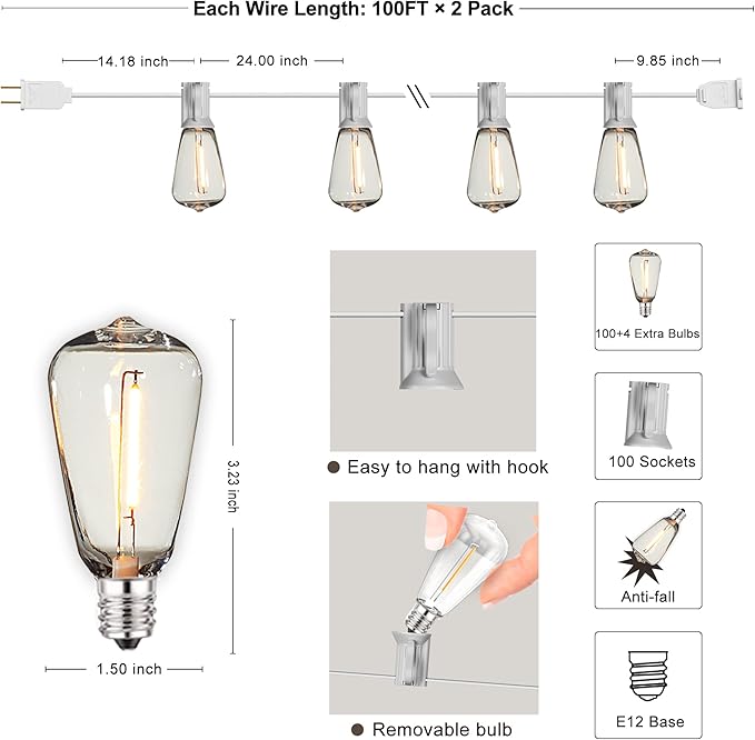 DAMAING Outdoor String Lights 200FT Waterproof, Patio String Light with 104 Edison LED Bulbs - Shatterproof, Connectable Hanging Lights for Outside Backyard, Porch Party Wedding - 2x100FT White Cable