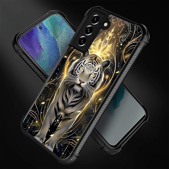 for Samsung Galaxy S22 Case, White Tiger Golden Mystery Pattern Graphic Design Girl Boy Soft Silicone Hard Acrylic Shock Protection for Samsung Galaxy S22