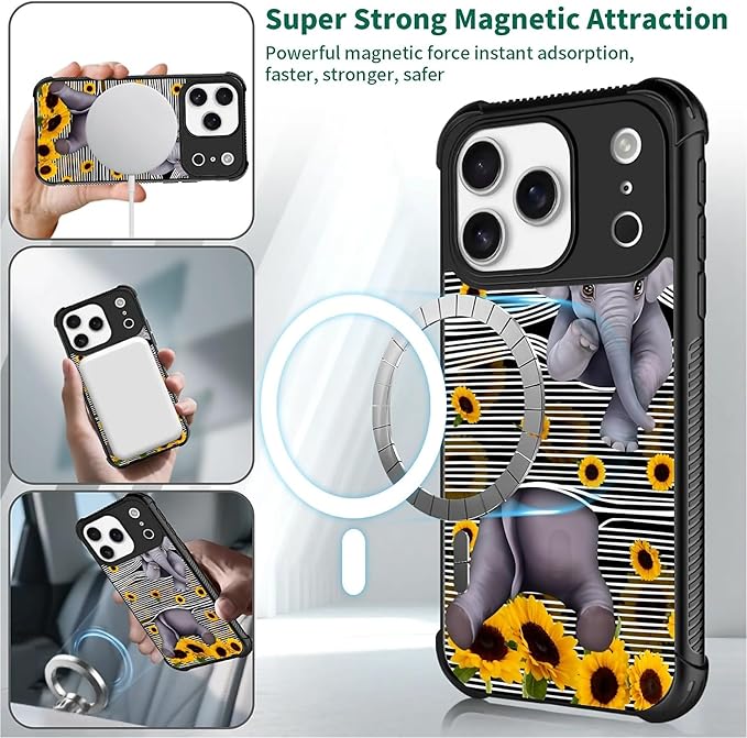 for iPhone 17 Pro Case,for MagSafe Graphic Design for Girl Boy Soft Silicone Hard Acrylic Shock Protection Designed for iPhone 17 Pro Cute Little Elephant Sunflower White Line Art Pattern